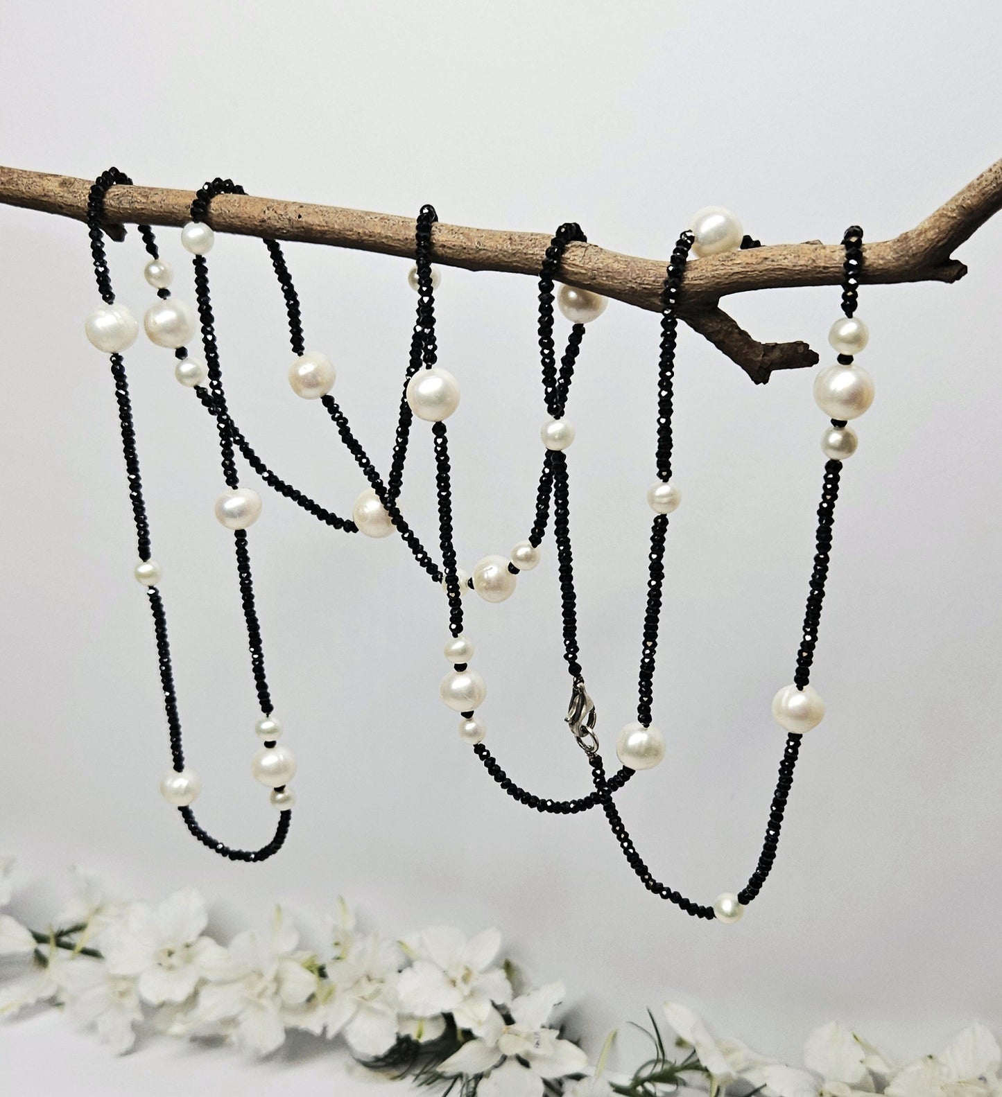 Black Spinel and Pearl faceted bead Necklet