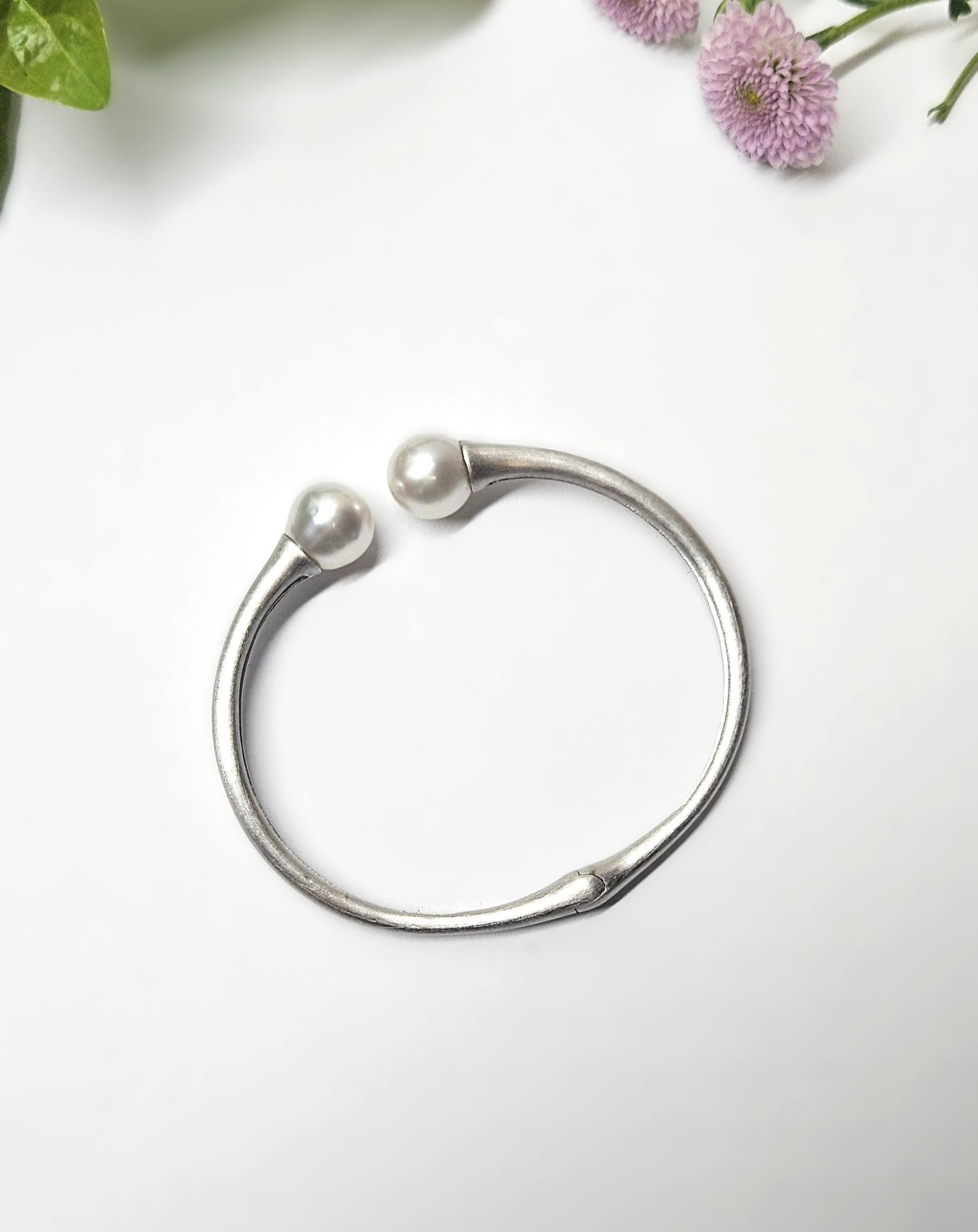 Hinged Sterling Silver and Pearl Bangle