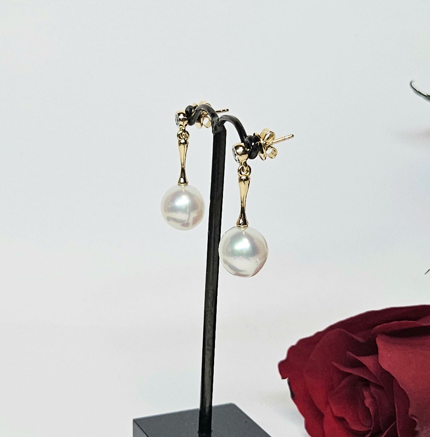 Pearl and Diamond Bar Drop Earrings