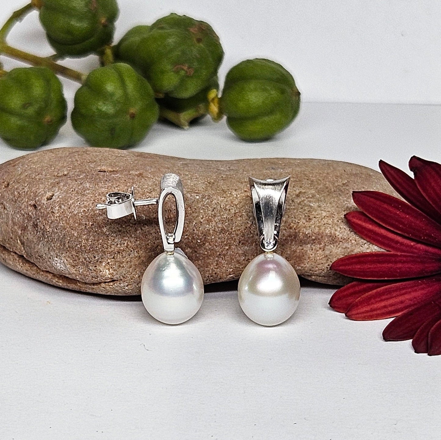 Pearl and Diamond tapered foldover drop style earings