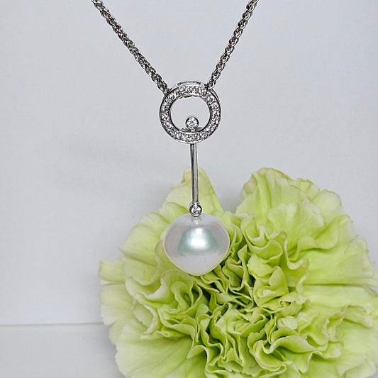 Pearl and Diamond circular bar drop pendant