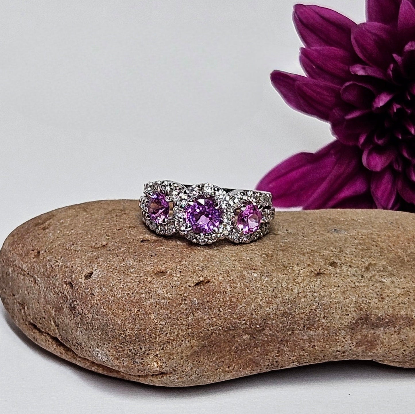 Three Pink Sapphire and Diamond ring