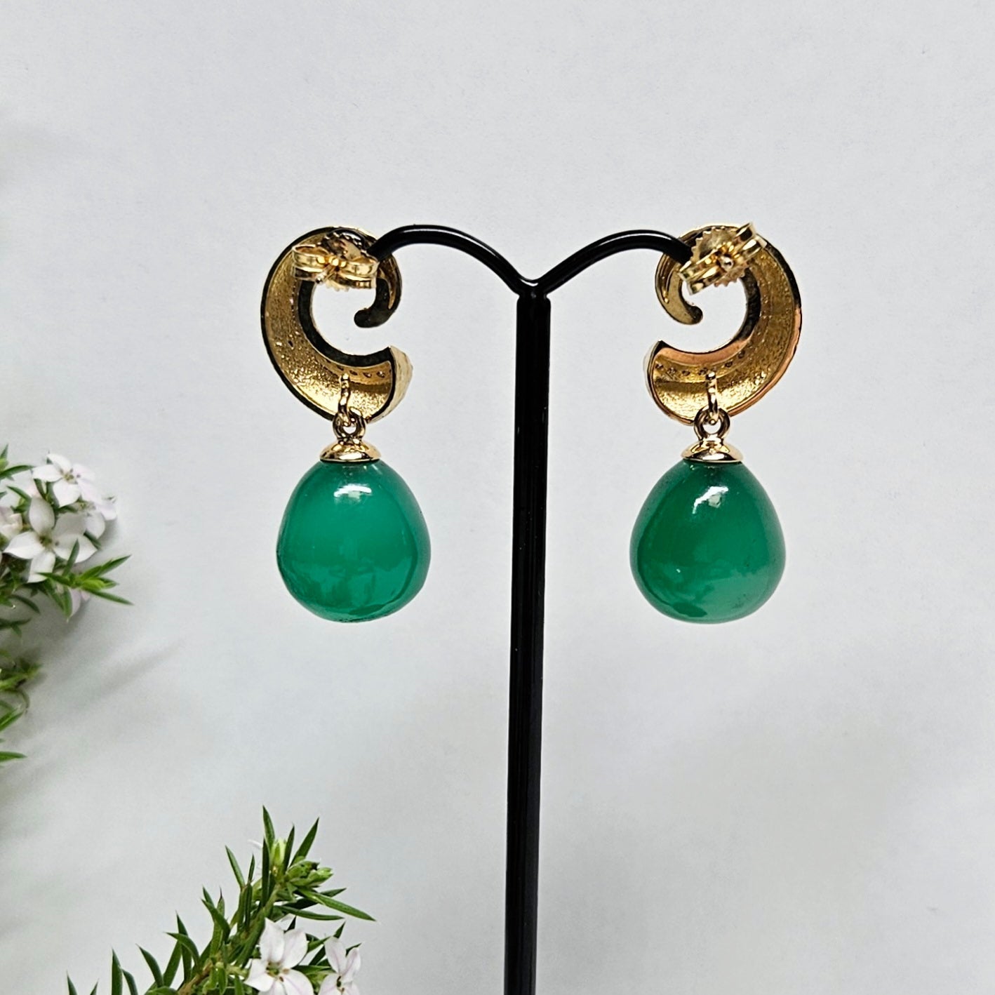 Green Onyx Curled horn shaped interchangeable Drop Earings
