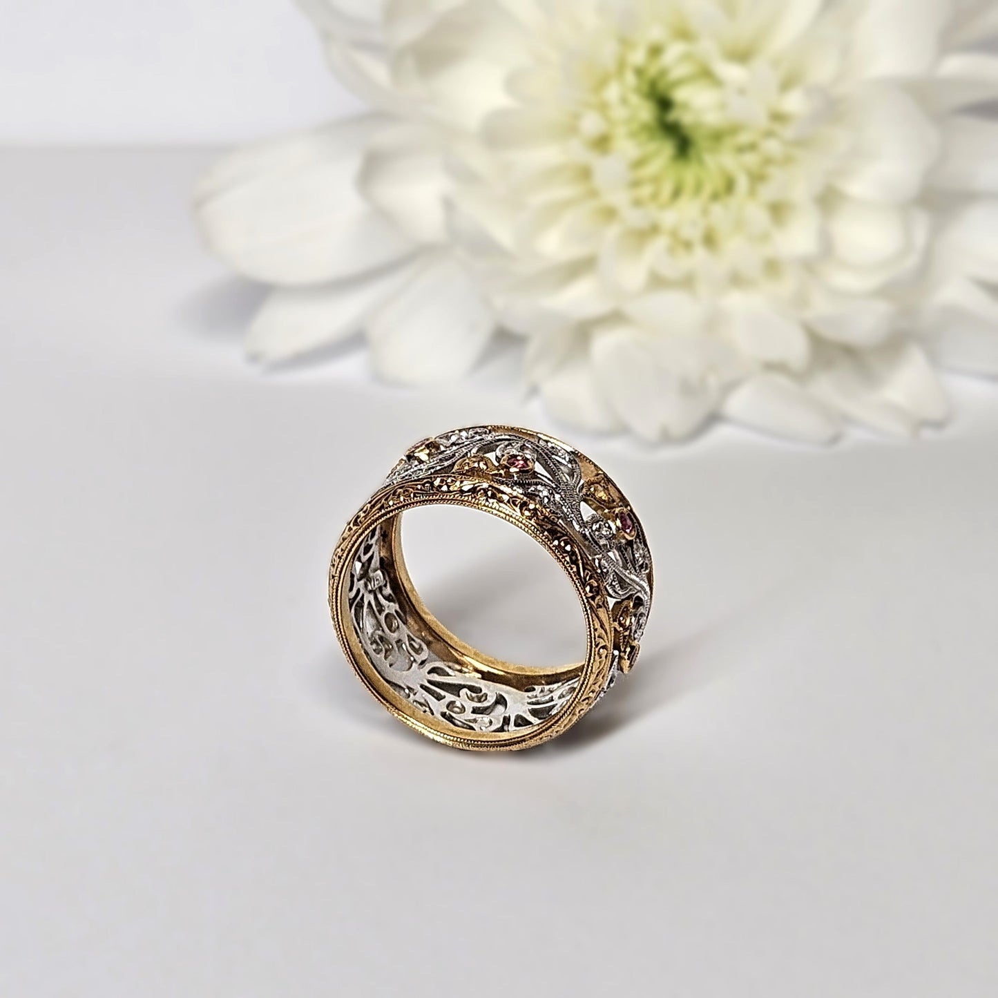 Two tone wide filigree engraved ring