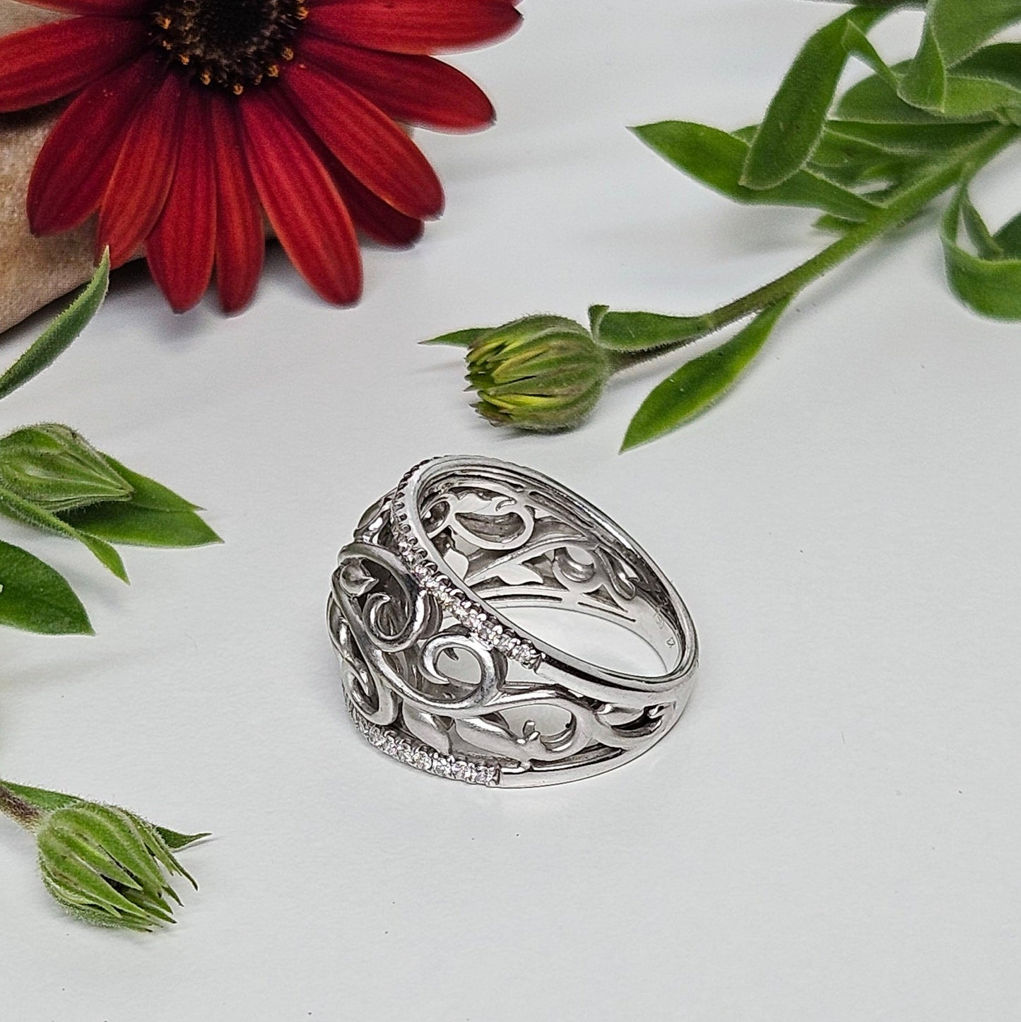 Filigree & Diamond brush finished dress ring