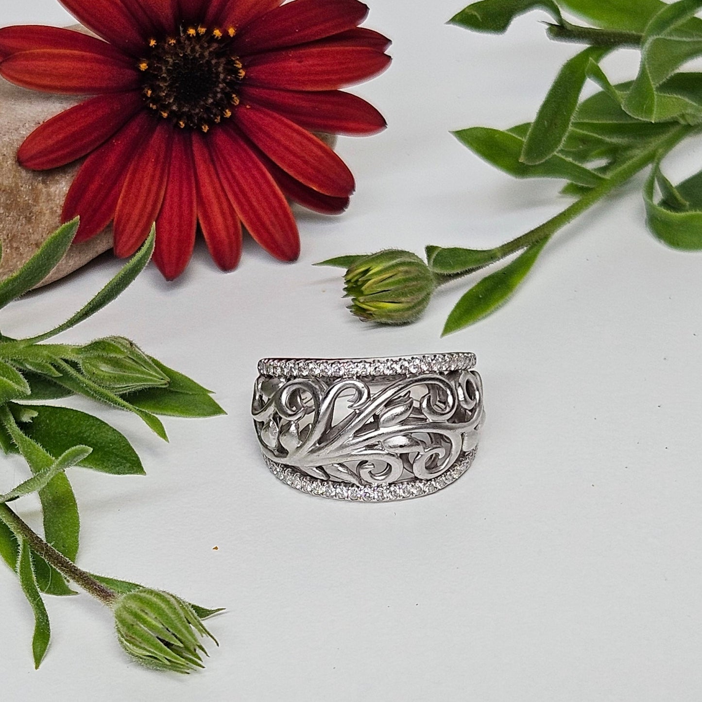 Filigree & Diamond brush finished dress ring