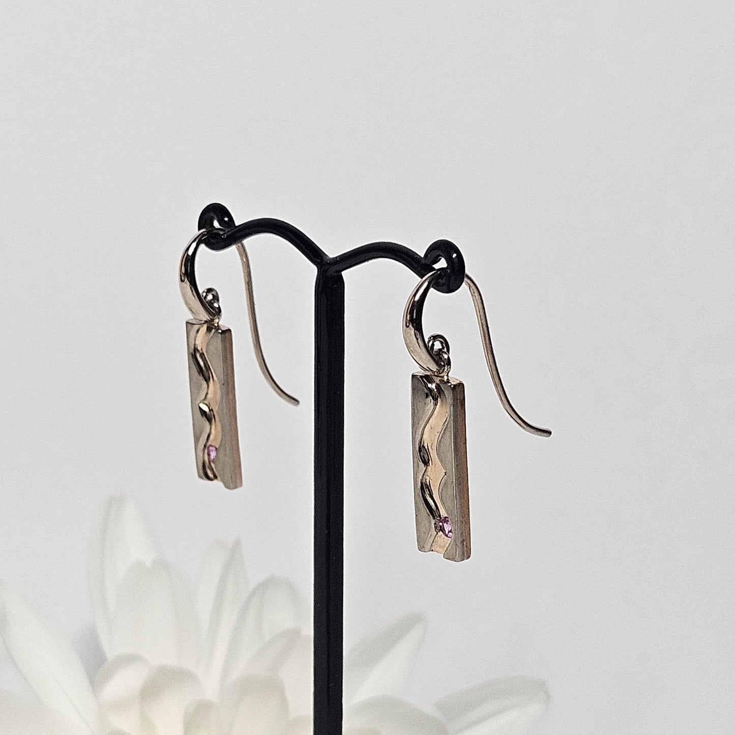 Two tone, Sapphire wave pattern shepherd hook drop earings