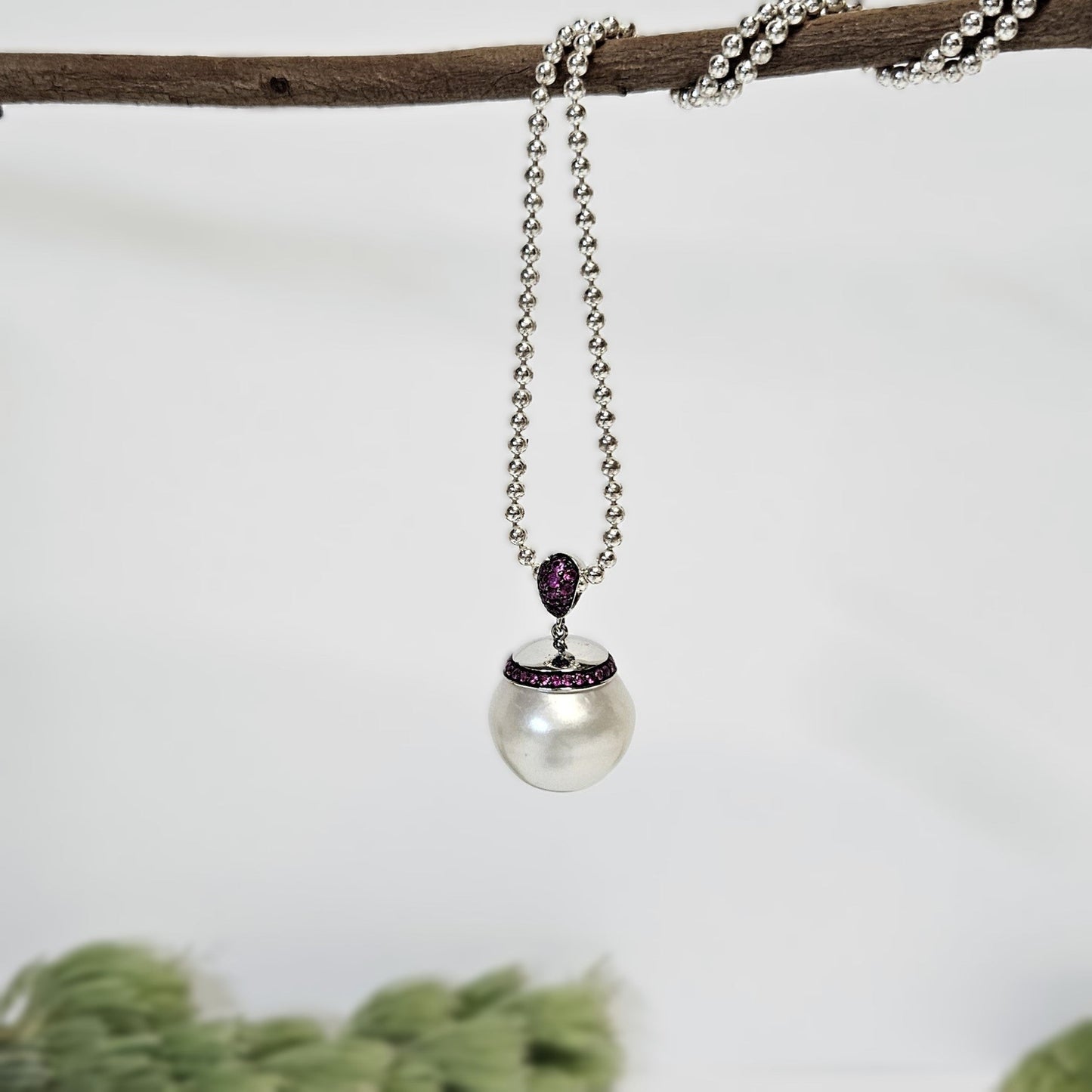 Pearl and Pink Sapphire Pendant with ball chain