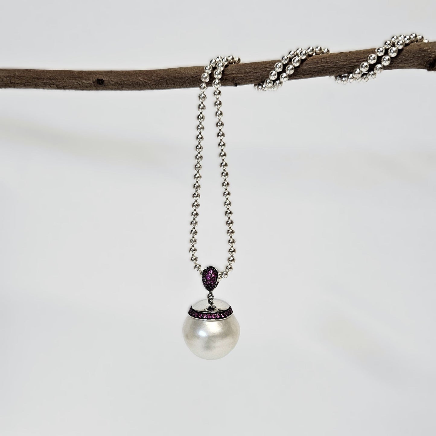 Pearl and Pink Sapphire Pendant with ball chain