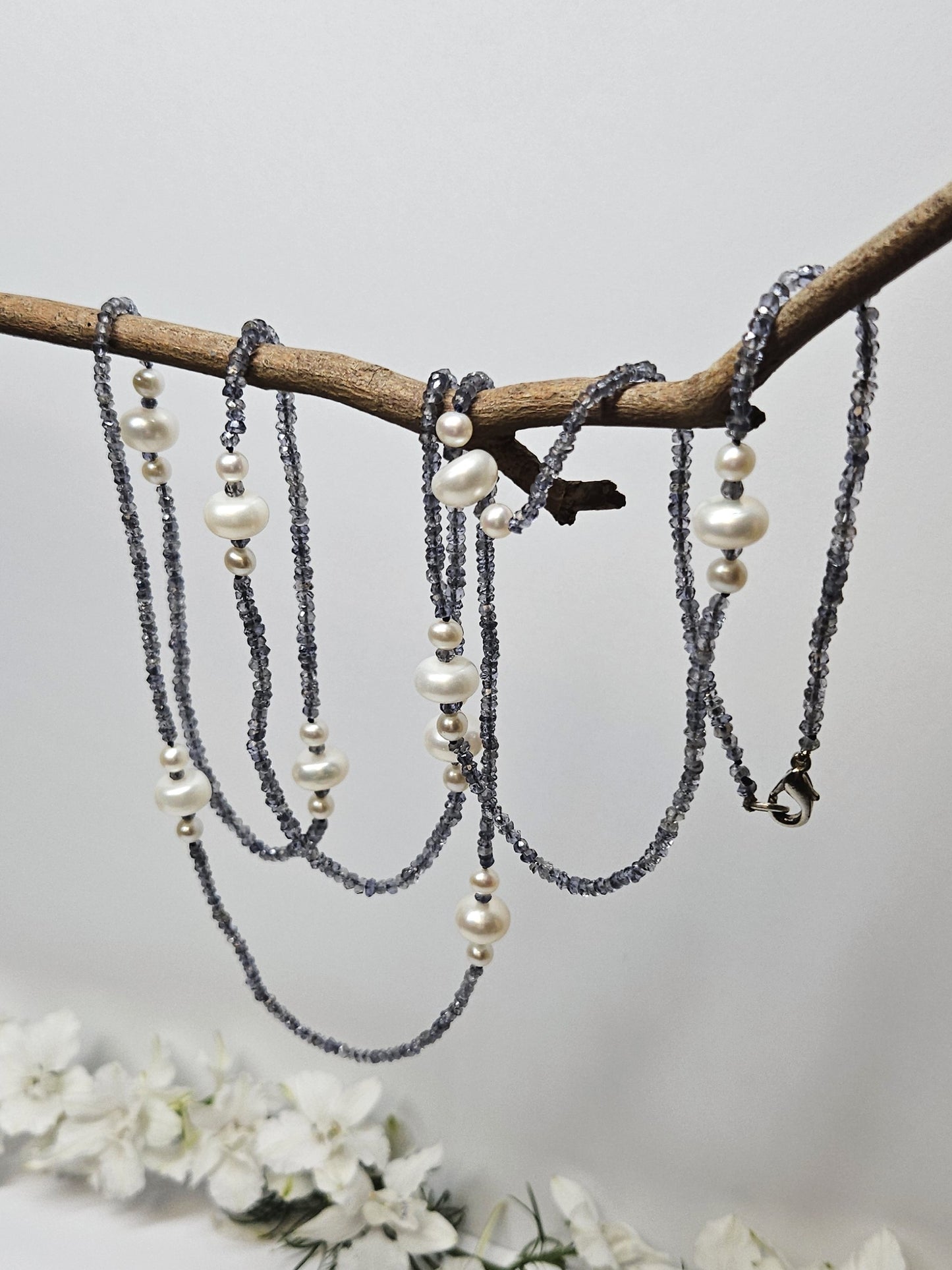 Iolite Faceted Bead and Pearl Necklet