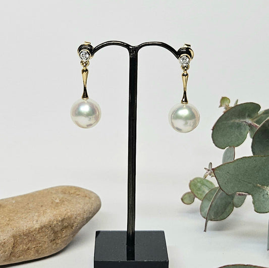 Pearl and Diamond Bar Drop Earrings