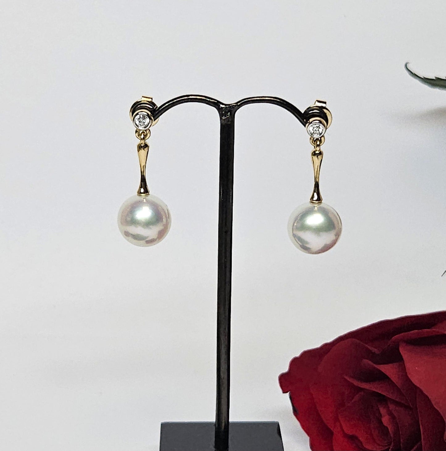 Pearl and Diamond Bar Drop Earrings