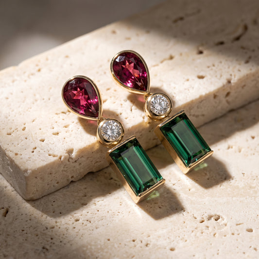 Rubellite and Green Tourmaline Earrings