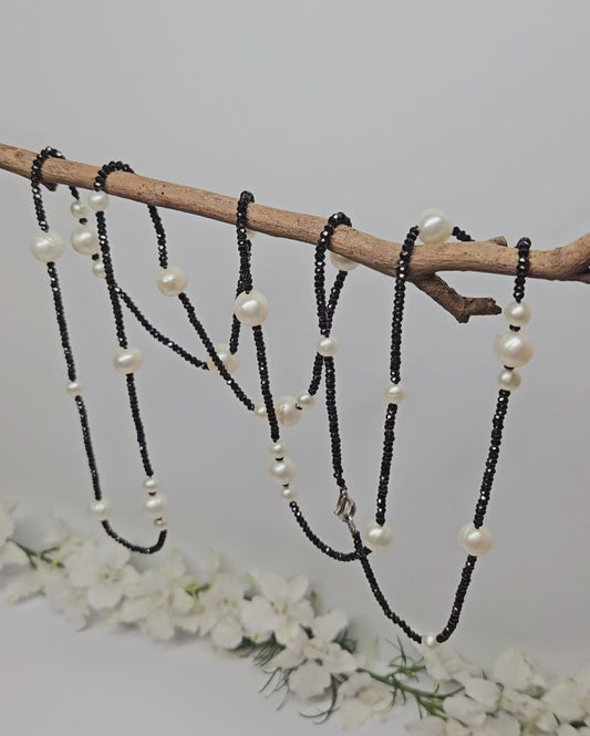 Black Spinel and Pearl faceted bead Necklet