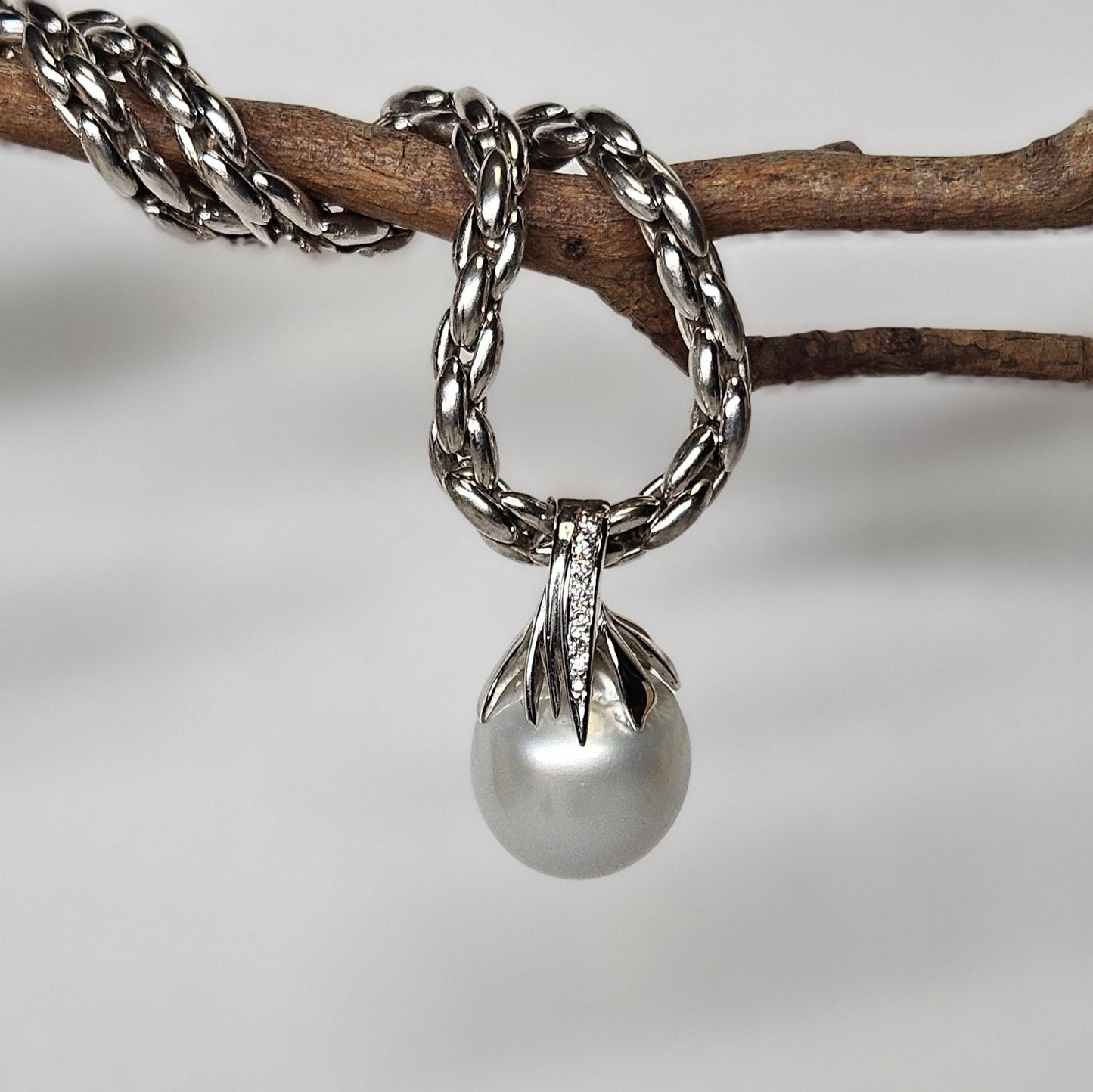 Pearl and Diamond flowing, leaf shaped enhancer pendant