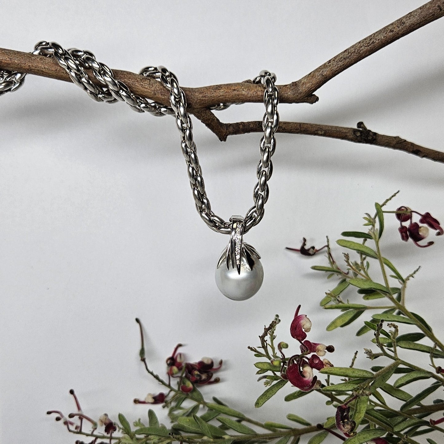 Pearl and Diamond flowing, leaf shaped enhancer pendant