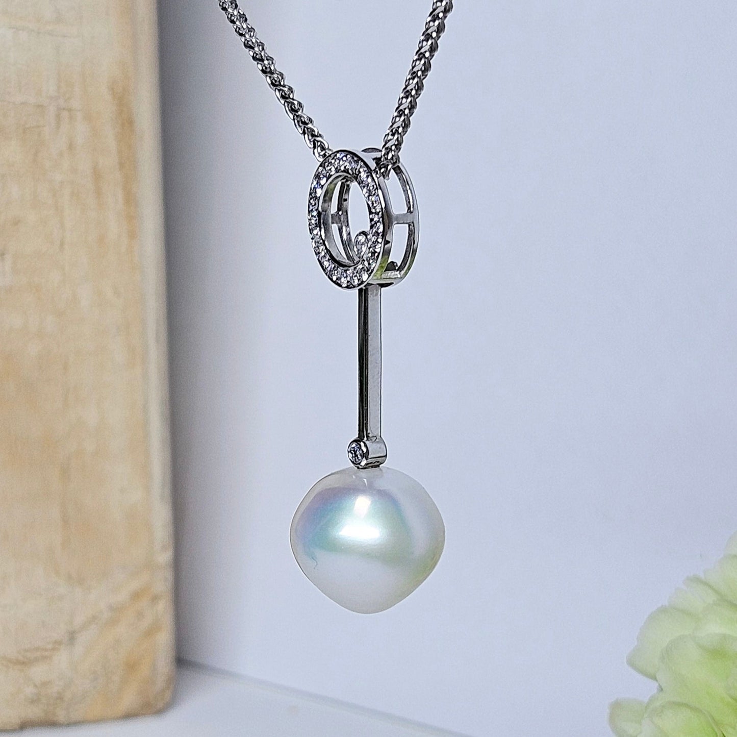 Pearl and Diamond circular bar drop pendant