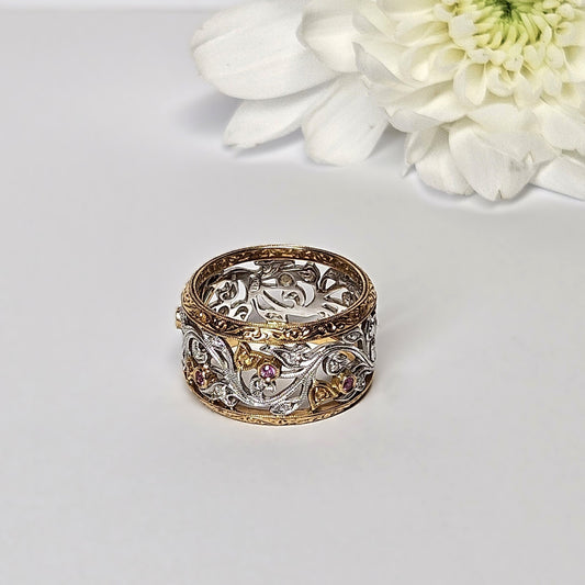 Two tone wide filigree engraved ring