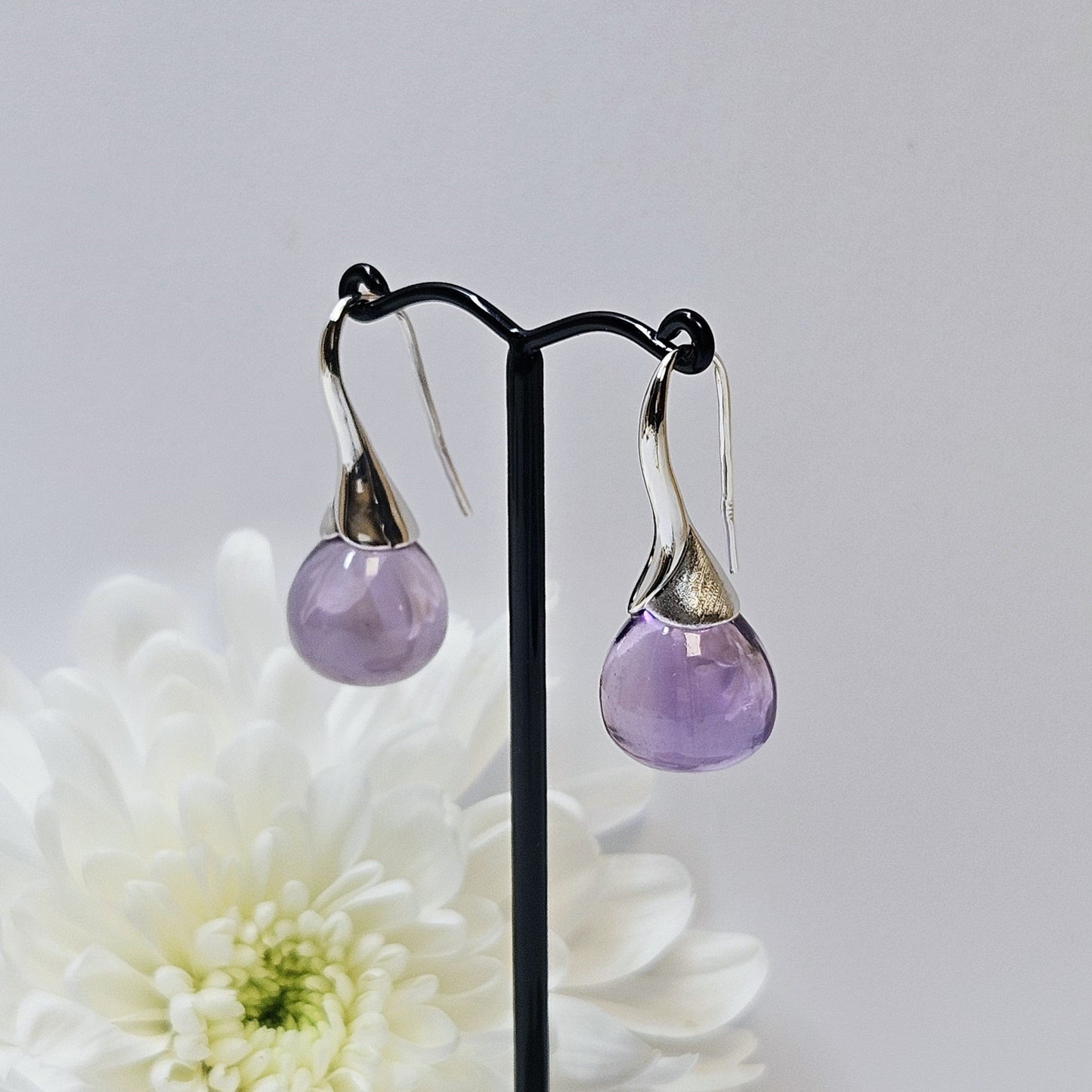 Polished cabichon Amethyst shepherd hook drop earings